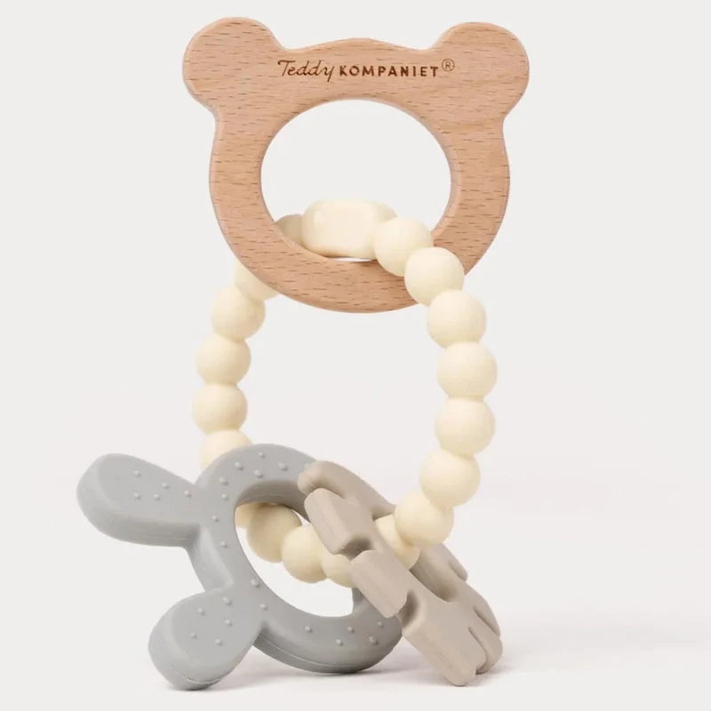 Teddykompaniet Bitring i silikon & trä Cream