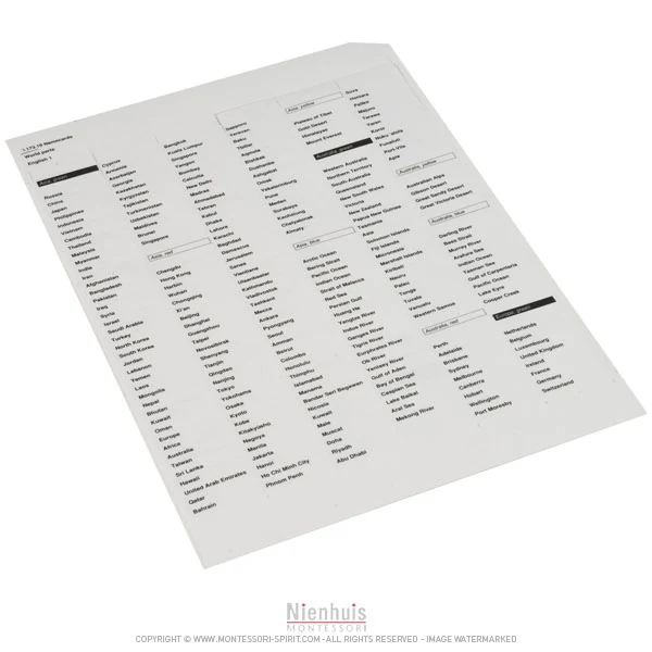 Cabinet du monde : noms à coller (anglais)