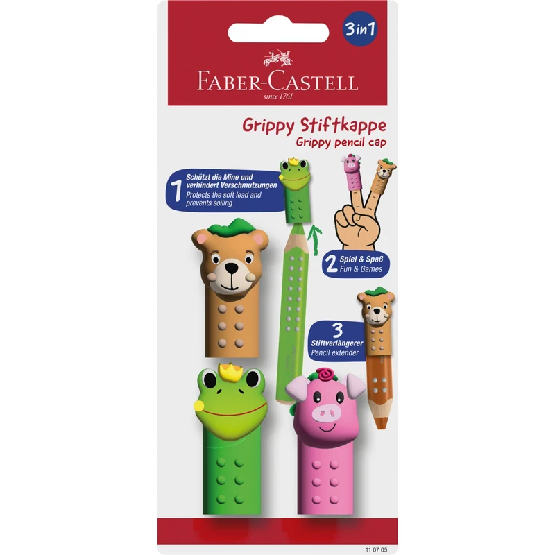Faber-Castell Dyrehætter Til Grippy Farveblyanter 3-i-1