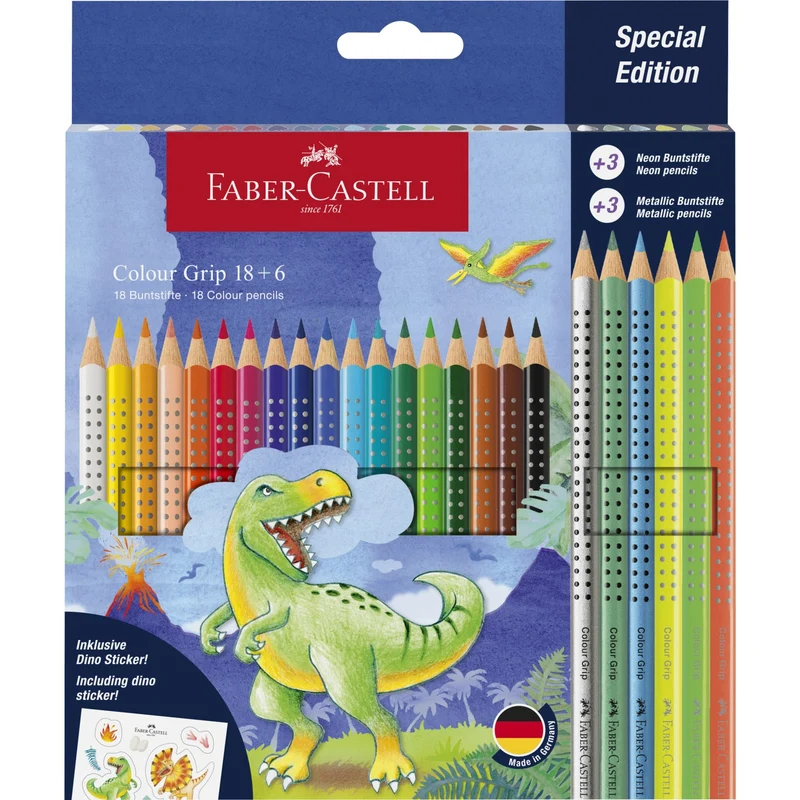 Faber-Castell 18+6 Grip Akvarel Farveblyanter + Klistermærker, Dinosaur