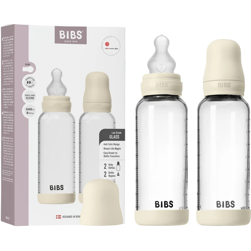 Bibs Ivory Glass Baby Flaske Round Silikone 2-Pak 240 Ml Medium Flow