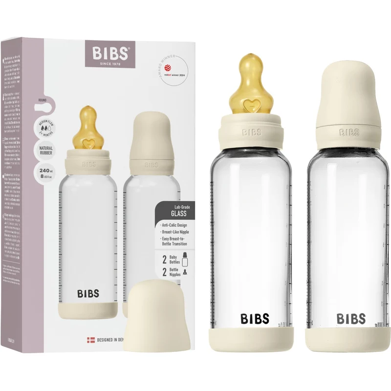 Bibs Ivory Glass Baby Flaske Round Latex 2-Pak 240 Ml Medium Flow