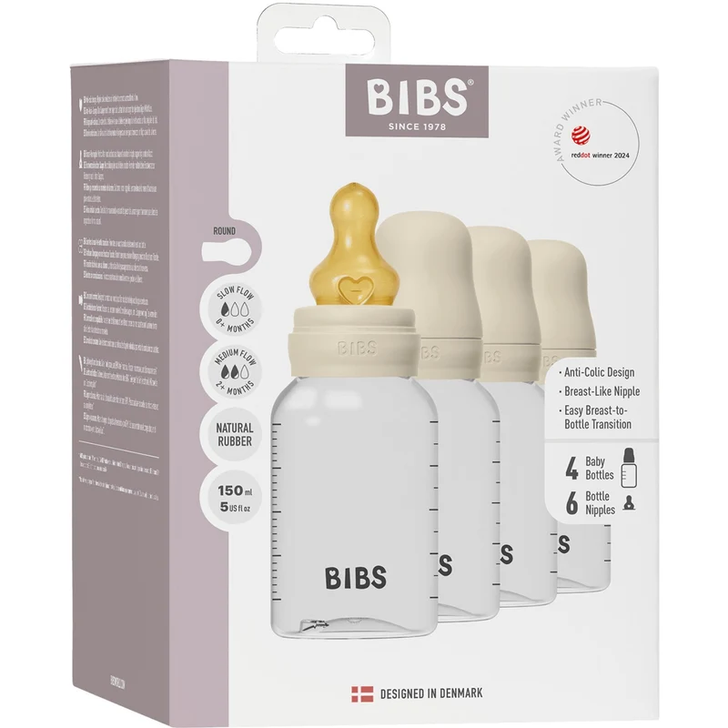 Bibs Ivory Baby Flaske Round Latex 4-Pak