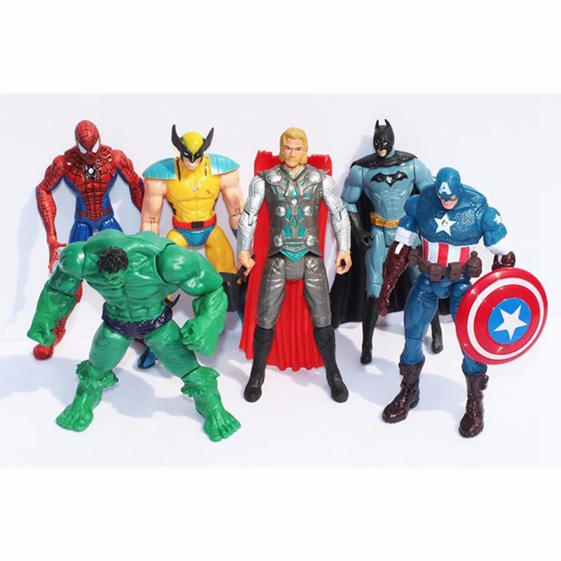 6X Marvel Hulk+Captain+Wolverine+Batman+Spiderman Figure Collection Kids Action Toys Robot WJ424