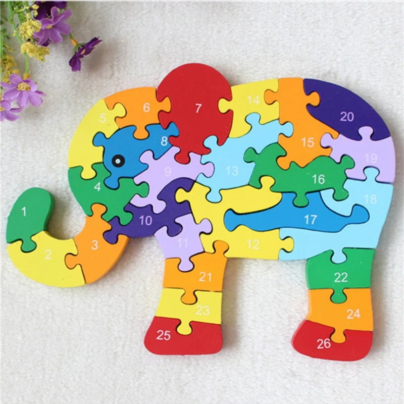 26 PCS 26 letters Jigsaw Puzzle for kids Alphanumeric recognition animals elephant wood puzzles children Educational Toys Hot