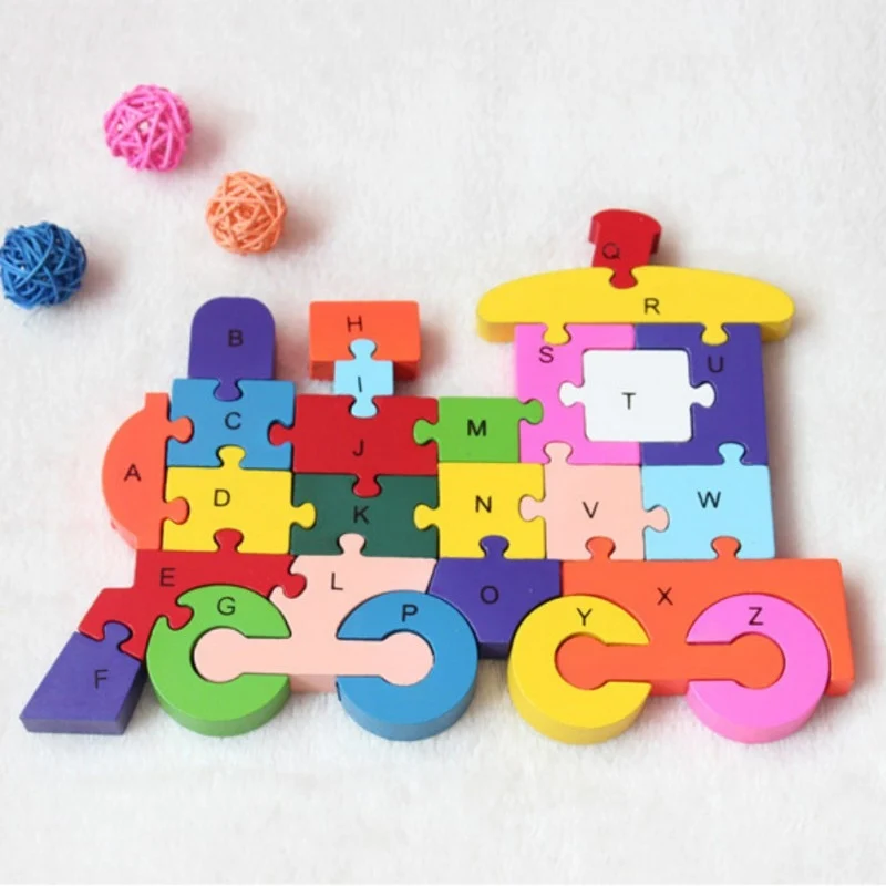 26 pcs 26 letters Jigsaw Puzzle for kids Alphanumeric recognition animals Train wood puzzles children Educational Toys new