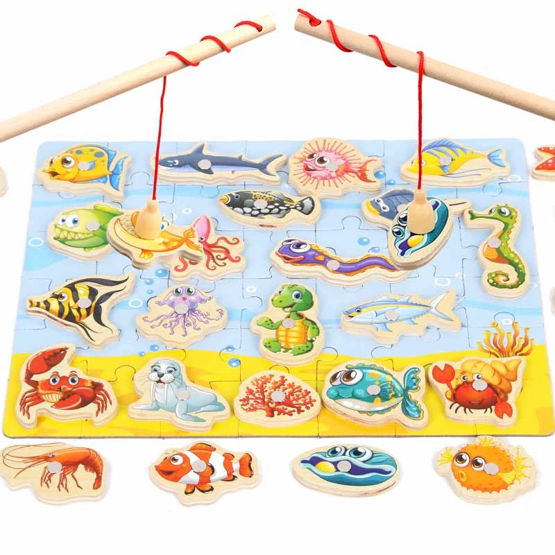 Brand New Baby Boy Girl Wooden Magnetic Fishing Game 3D Jigsaw Puzzle Toy Interesting Children Educational Puzzles Toy