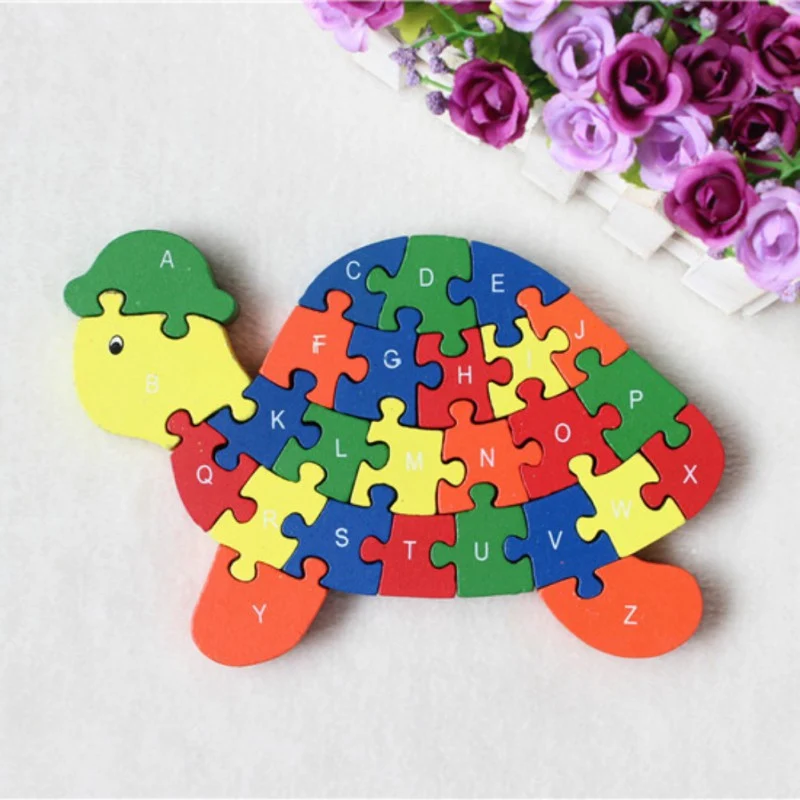 26 pcs 26 letters Jigsaw Puzzle for kids Alphanumeric recognition animals tortoise wood puzzles children Educational Toys new